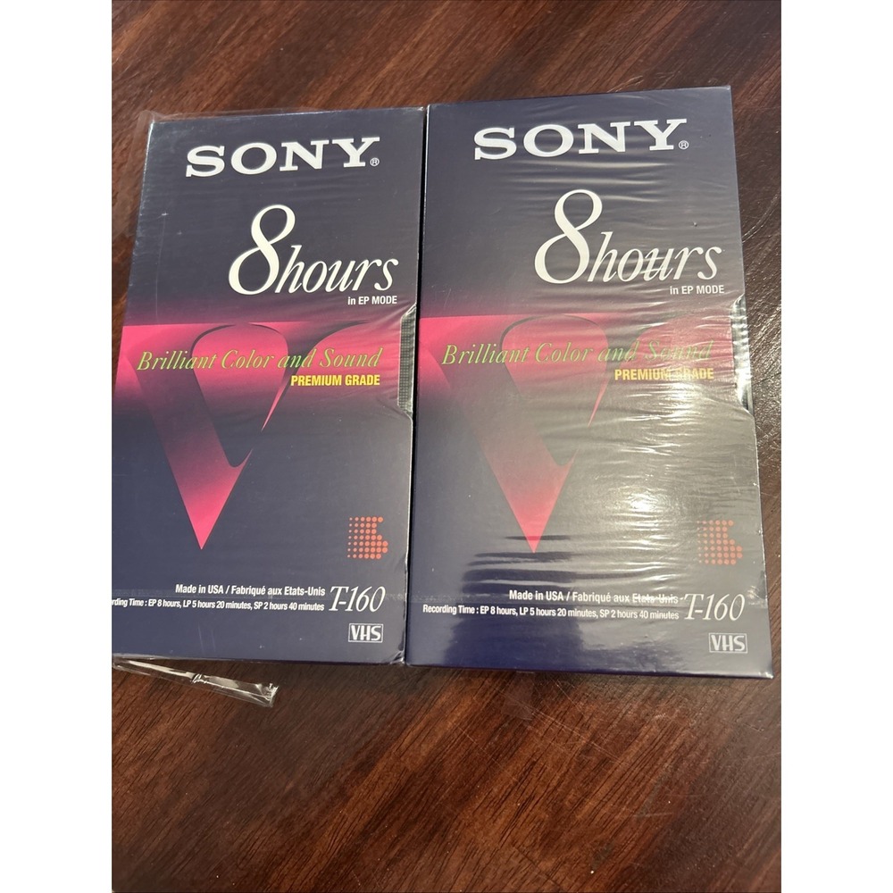2 Sony T-160 Premium Grade VHS Blank Tapes EP 8 Hours‎ Factory Sealed NEW